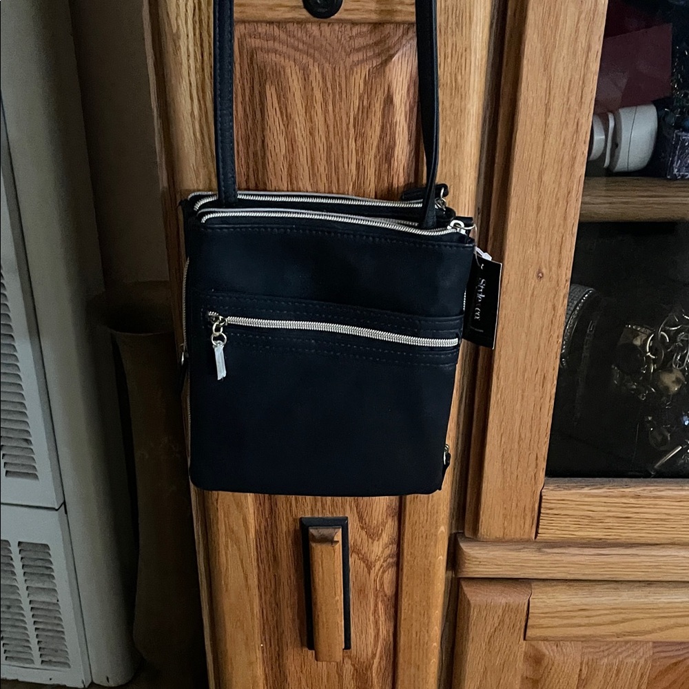 Style & Co. Black Crossbody Messenger Bag with Silver Zippers